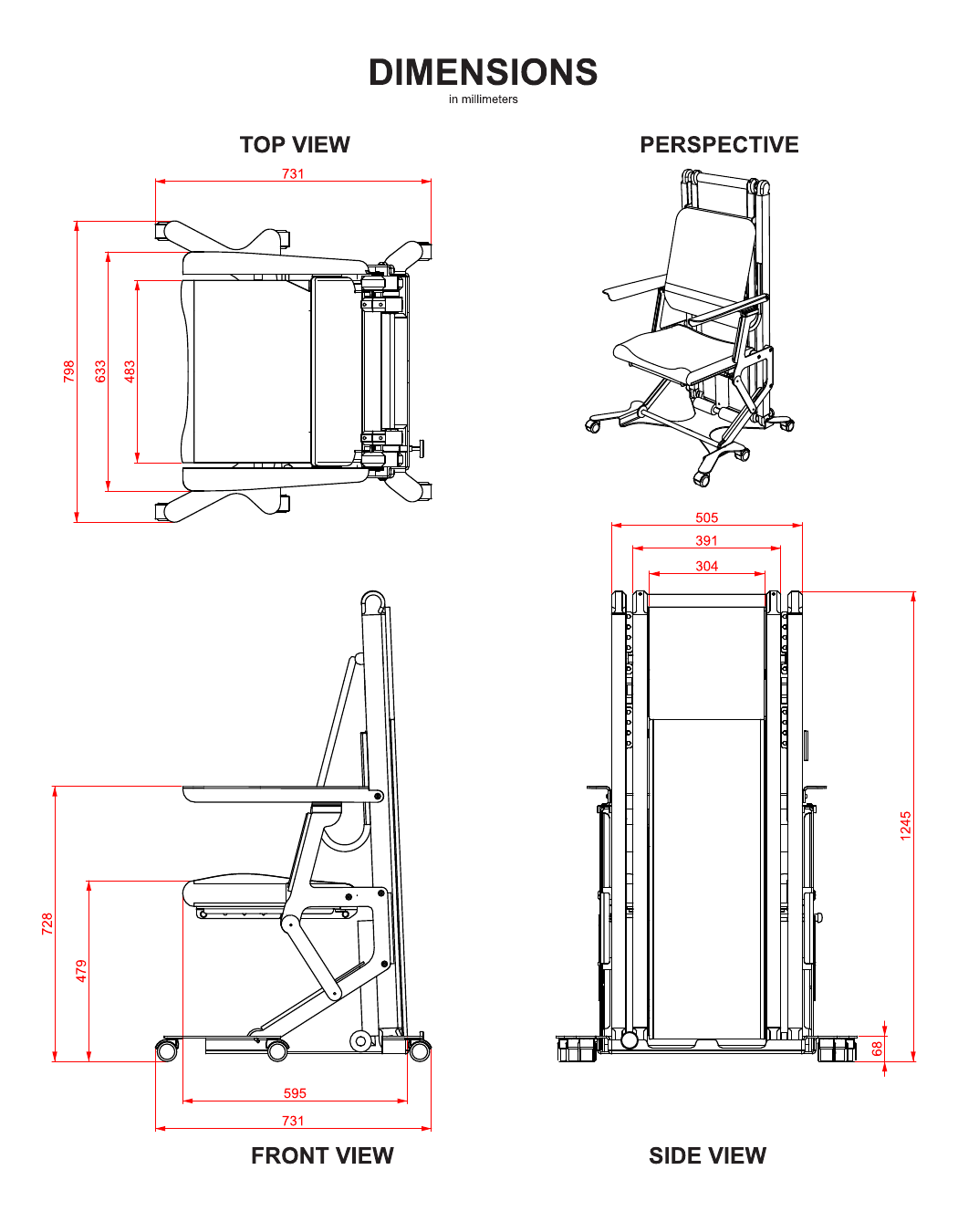 FitChair dimensioned views: top, perspective, front, side