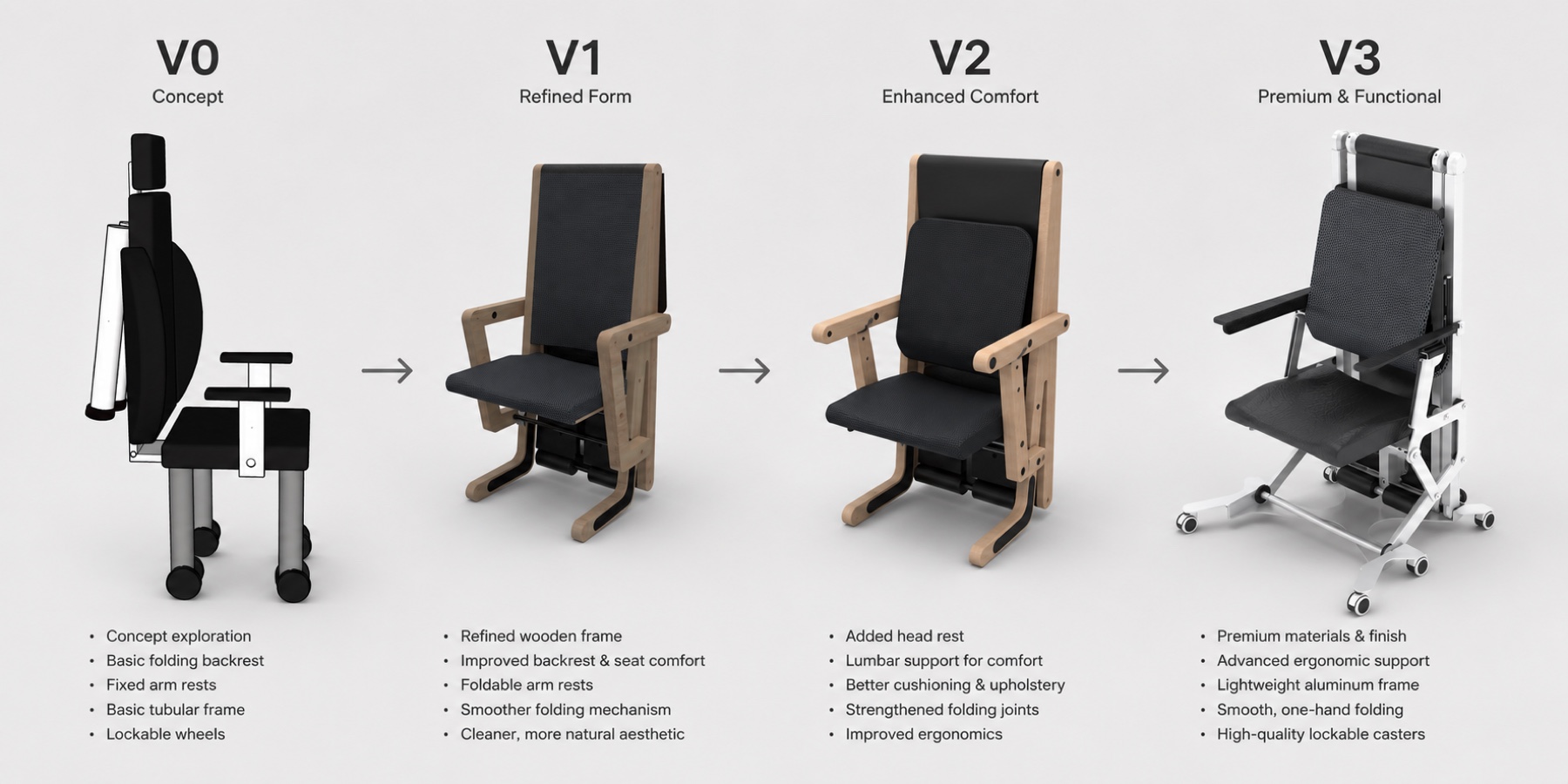 FitChair design progression from V0 concept through V1, V2, and V3 prototypes