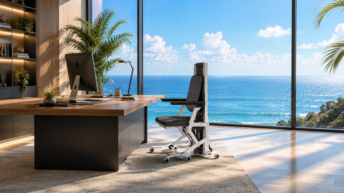 FitChair in chair mode at a desk in a modern ocean-view home office